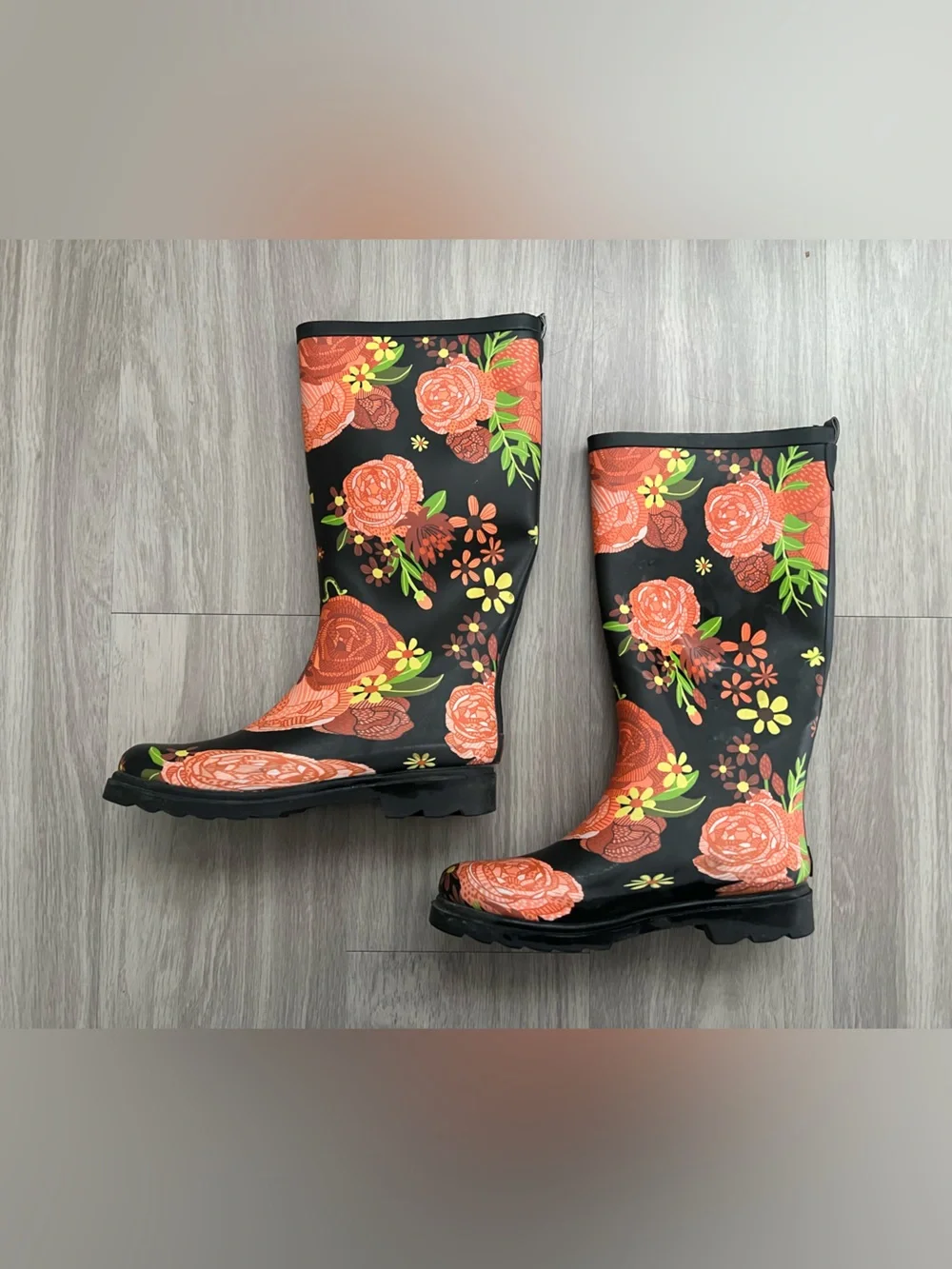 Lone Cone Floral Rain Boots Womens Size 8 Black Rubber Garden Boots Waterproof